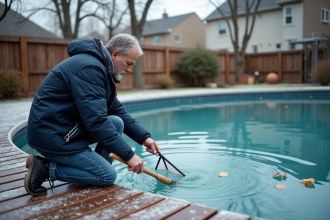 Homme d'âge moyen nettoyant une piscine hors sol en hiver