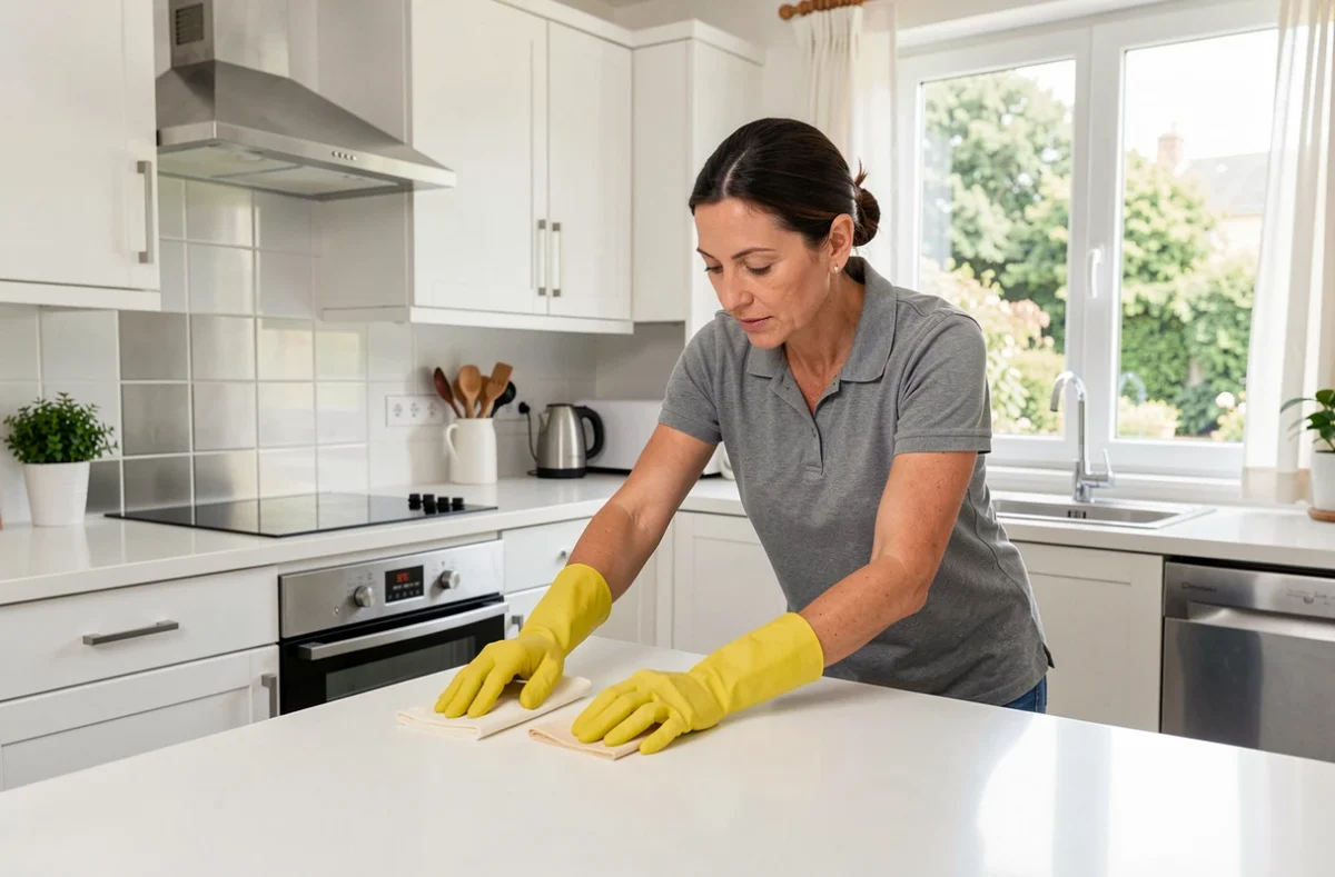 Professionnelle de nettoyage nettoyant le plan de travail d'une cuisine moderne dans un appartement de Brunoy
