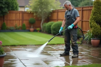 Homme en combinaison nettoyant une terrasse avec un jet d'eau