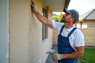 Ouvrier en bleu appliquant un enduit beige sur un mur