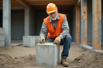 Ouvrier du bâtiment mesurant un parpaing épais sur un chantier de construction résidentiel conforme RT 2026