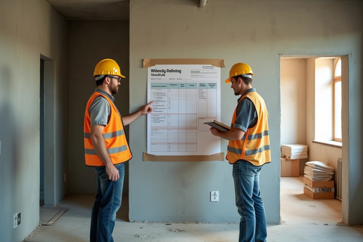 Deux ouvriers consultant un planning de chantier affiché sur le mur d'un appartement en rénovation