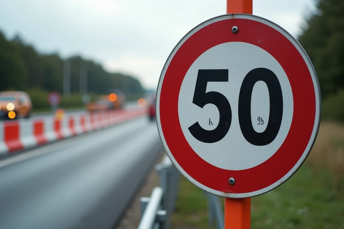 Gros plan d'un panneau B34 de limitation temporaire à 50 km/h sur base lestée en zone de travaux autoroutiers