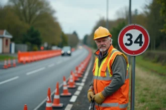 Ouvrier posant un panneau de signalisation temporaire B34 limitation à 30 km/h sur un chantier de voirie en milieu urbain