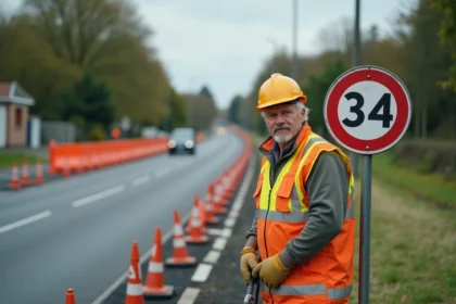 Ouvrier posant un panneau de signalisation temporaire B34 limitation à 30 km/h sur un chantier de voirie en milieu urbain