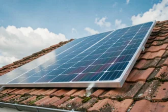 Panneau solaire de 600 watts installé sur un toit en tuiles résidentielles avec ciel bleu en arrière-plan