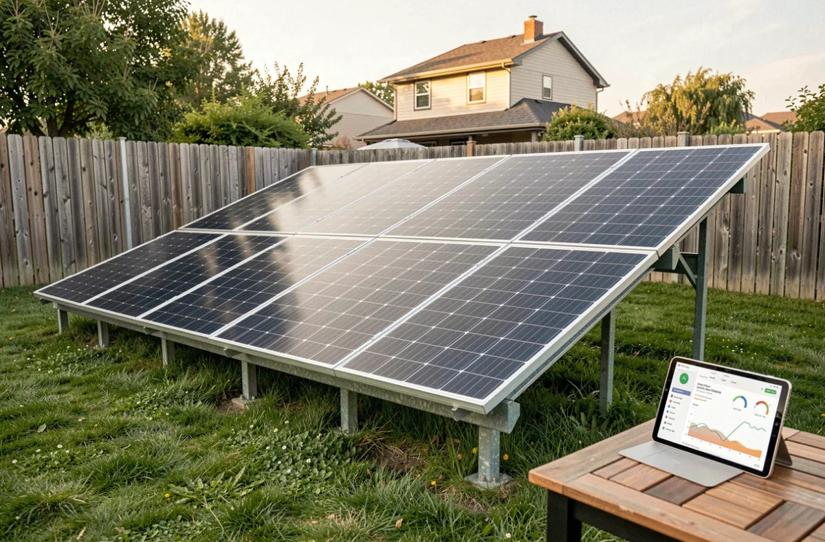 Rangée de panneaux solaires 600 watts au sol dans un jardin résidentiel avec suivi de performance sur tablette