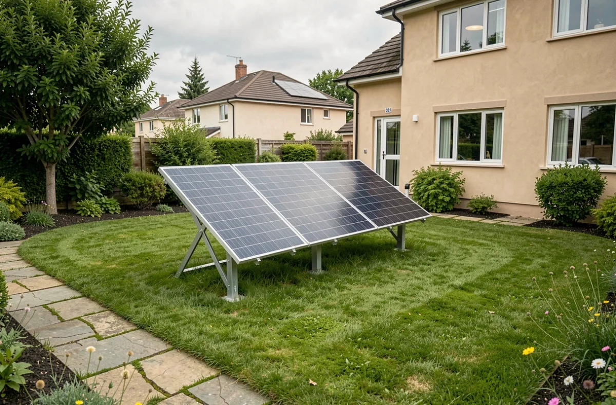 Rangée de panneaux solaires fixés au sol dans un jardin résidentiel avec structure réglable en aluminium