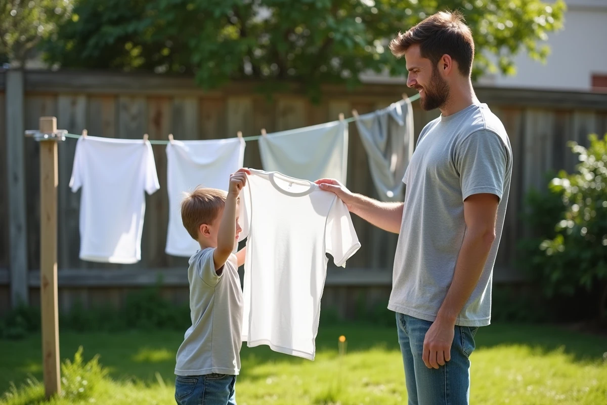 Pere jeune tenant un t shirt gris avec un enfant dans le jardin