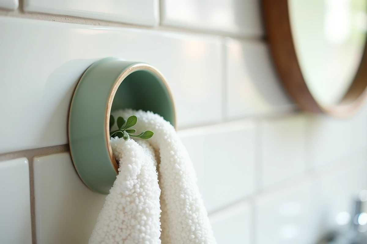Patère en céramique vert sauge artisanale dans une salle de bain Airbnb avec serviette blanche et branche d'eucalyptus