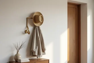 Patère murale en laiton au design sculptural dans l'entrée d'un Airbnb moderne avec veste en lin et chapeau en paille