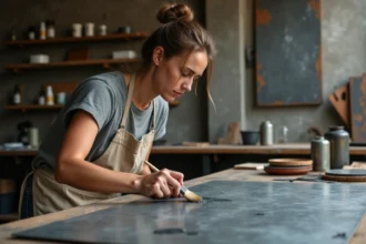 Artisane appliquant une patine sur une feuille de zinc dans un atelier d'artiste rustique