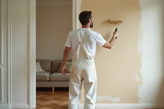 Peintre professionnel appliquant de la peinture au rouleau sur un mur intérieur dans un appartement parisien rénové
