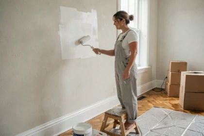 Femme appliquant de la peinture blanche Action avec un rouleau sur un mur de salon lors de travaux de rénovation locative
