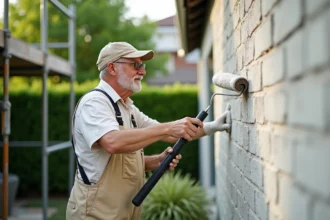 Peintre professionnel appliquant de la peinture extérieure sur un mur en parpaing avec un rouleau à long manche