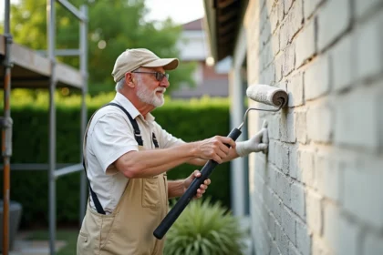 Peintre professionnel appliquant de la peinture extérieure sur un mur en parpaing avec un rouleau à long manche