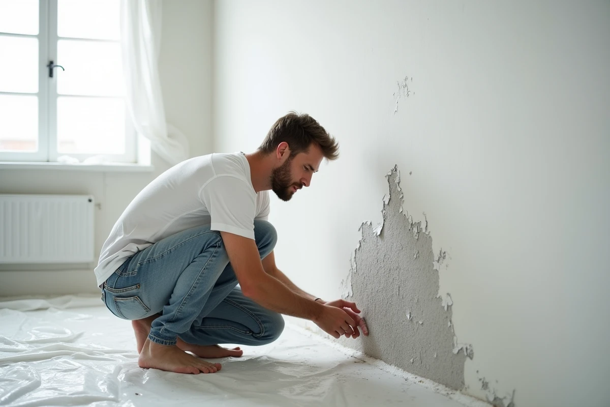 Homme inspectant une peinture qui cloque et pèle sur un mur intérieur à cause d'une mauvaise préparation de surface
