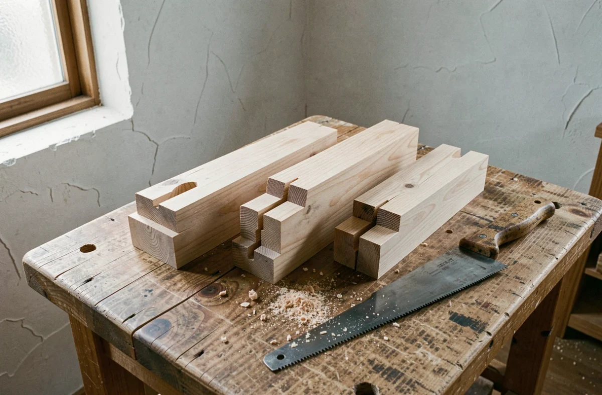 Pièces de menuiserie japonaise avec variantes de tenon mortaise en cèdre et chêne sur un établi d'atelier