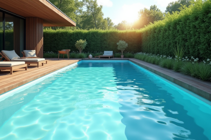 Piscine moderne avec liner bleu clair et reflet soleil