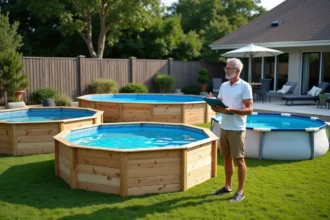 Homme d'âge moyen examine trois piscines extérieures dans un jardin