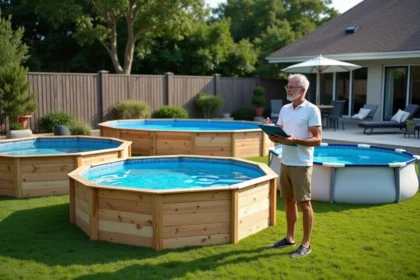 Homme d'âge moyen examine trois piscines extérieures dans un jardin