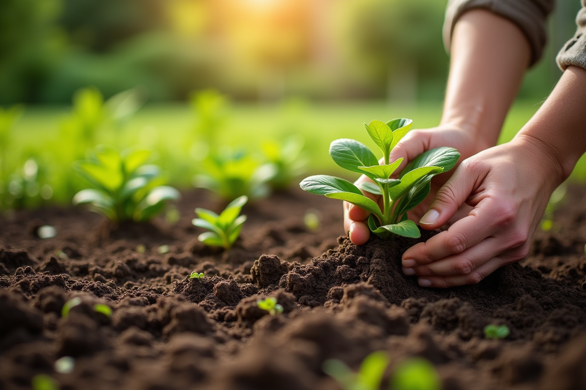 Jardinier plantant des jeunes plants de Knautia dans la terre