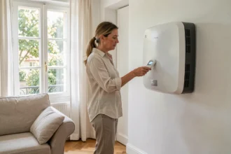 Femme ajustant la télécommande d'une pompe à chaleur air-air en été dans un salon moderne