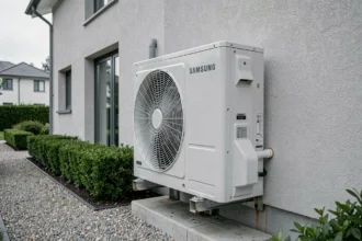 Pompe à chaleur Samsung installée en extérieur sur façade de maison contemporaine avec unité compresseur blanche et socle béton
