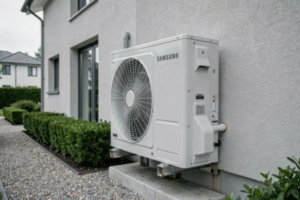 Pompe à chaleur Samsung installée en extérieur sur façade de maison contemporaine avec unité compresseur blanche et socle béton