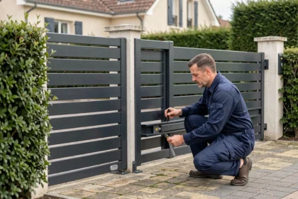 Technicien inspectant la motorisation d'un portail coulissant avec portillon intégré en aluminium anthracite dans un jardin résidentiel