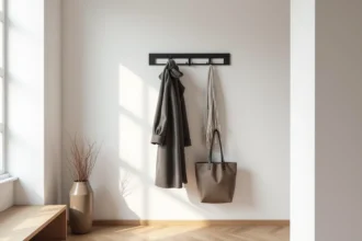 Porte manteau mural en métal noir design minimaliste avec bras asymétriques dans une entrée moderne en 2026
