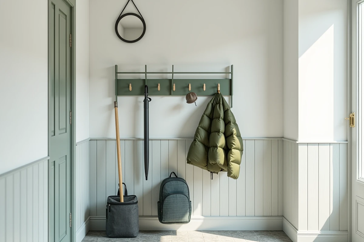 Porte manteau mural modulaire en métal vert sauge style scandinave dans une entrée familiale lumineuse en 2026