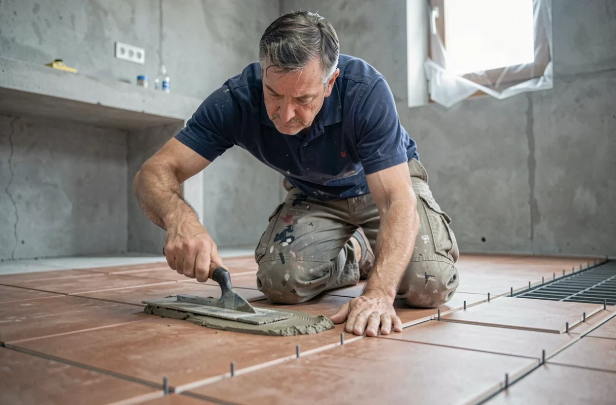 Artisan posant des carreaux en terre cuite dans une salle de bain en cours de rénovation avec une truelle à colle