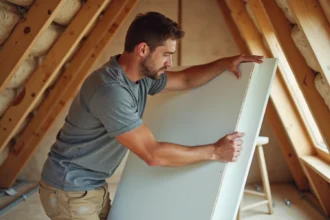 Artisan posant un faux plafond sur une charpente mansardée en cours de rénovation dans des combles