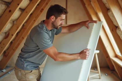 Artisan posant un faux plafond sur une charpente mansardée en cours de rénovation dans des combles