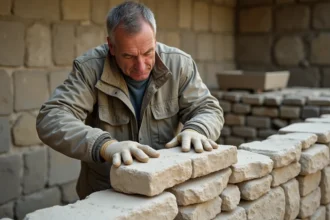 Maçon posant des moellons calcaires avec du mortier de chaux sur un mur en pierre lors de travaux de construction artisanale