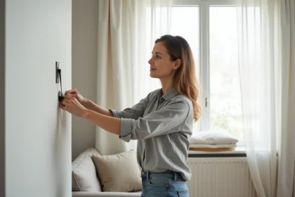Femme posant un support de tringle à rideau sans percer le mur dans un salon scandinave