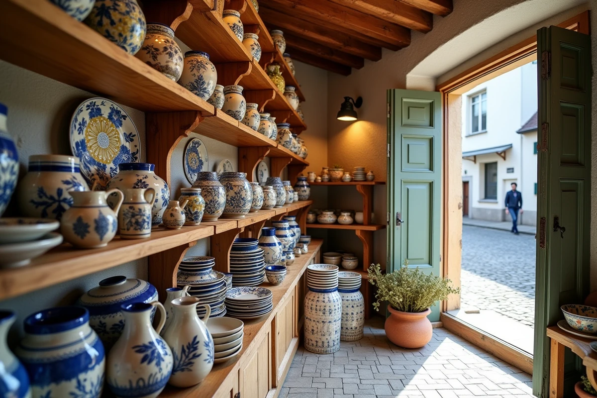 Étagères de poteries artisanales de Soufflenheim avec décors floraux alsaciens bleus et jaunes en boutique