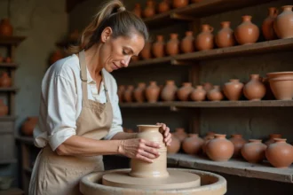 Potière façonnant une pièce en argile sur un tour dans un atelier traditionnel alsacien à Soufflenheim