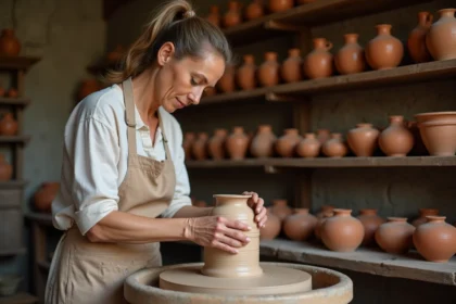 Potière façonnant une pièce en argile sur un tour dans un atelier traditionnel alsacien à Soufflenheim