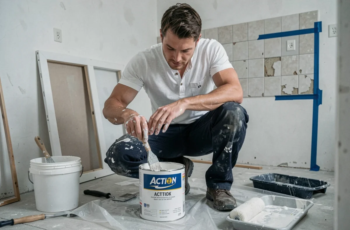 Homme mélangeant de la peinture blanche Action dans une cuisine en cours de rénovation avant une remise en location