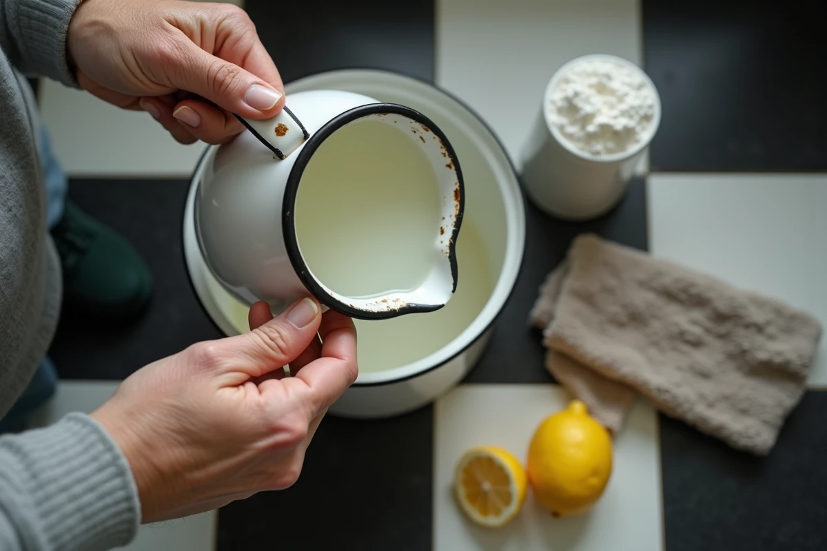 Mains de grand-mère préparant une solution naturelle pour nettoyer un lino terne