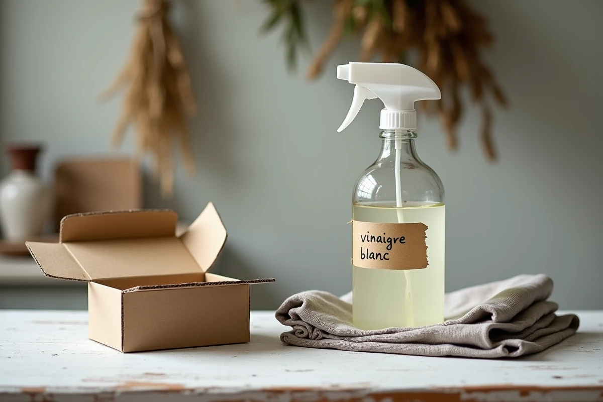 Spray de vinaigre blanc et bicarbonate de soude posés à côté d'un tissu taché de moisissure sur une table en bois