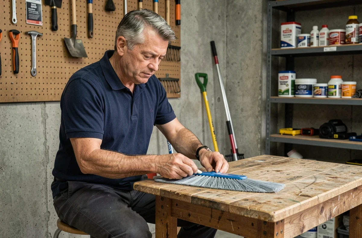 Homme entretenant son balai plafond en remplaçant la tête microfibre dans un atelier de garage