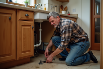 Homme d'âge moyen répare une fuite sous l'évier de cuisine