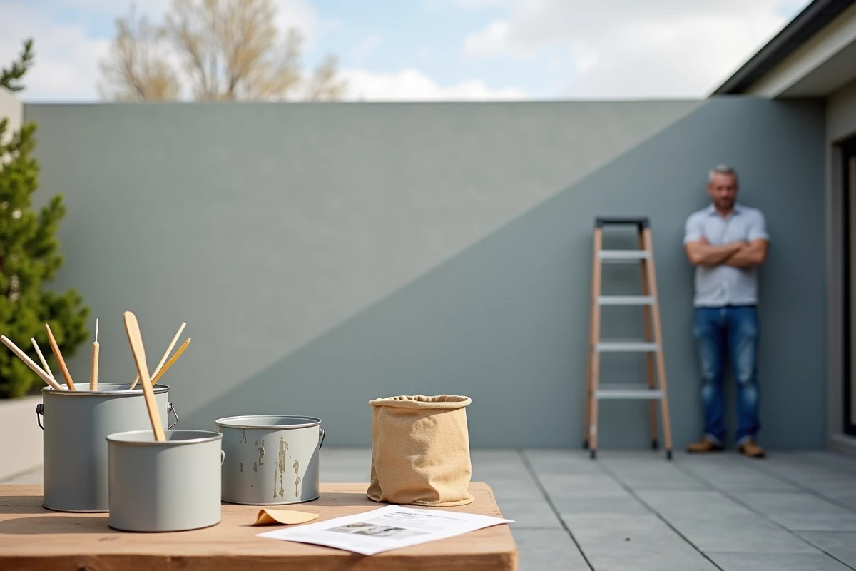 Vue d'ensemble d'un mur en parpaing extérieur peint avec une finition homogène gris chaud et matériel de peinture au premier plan
