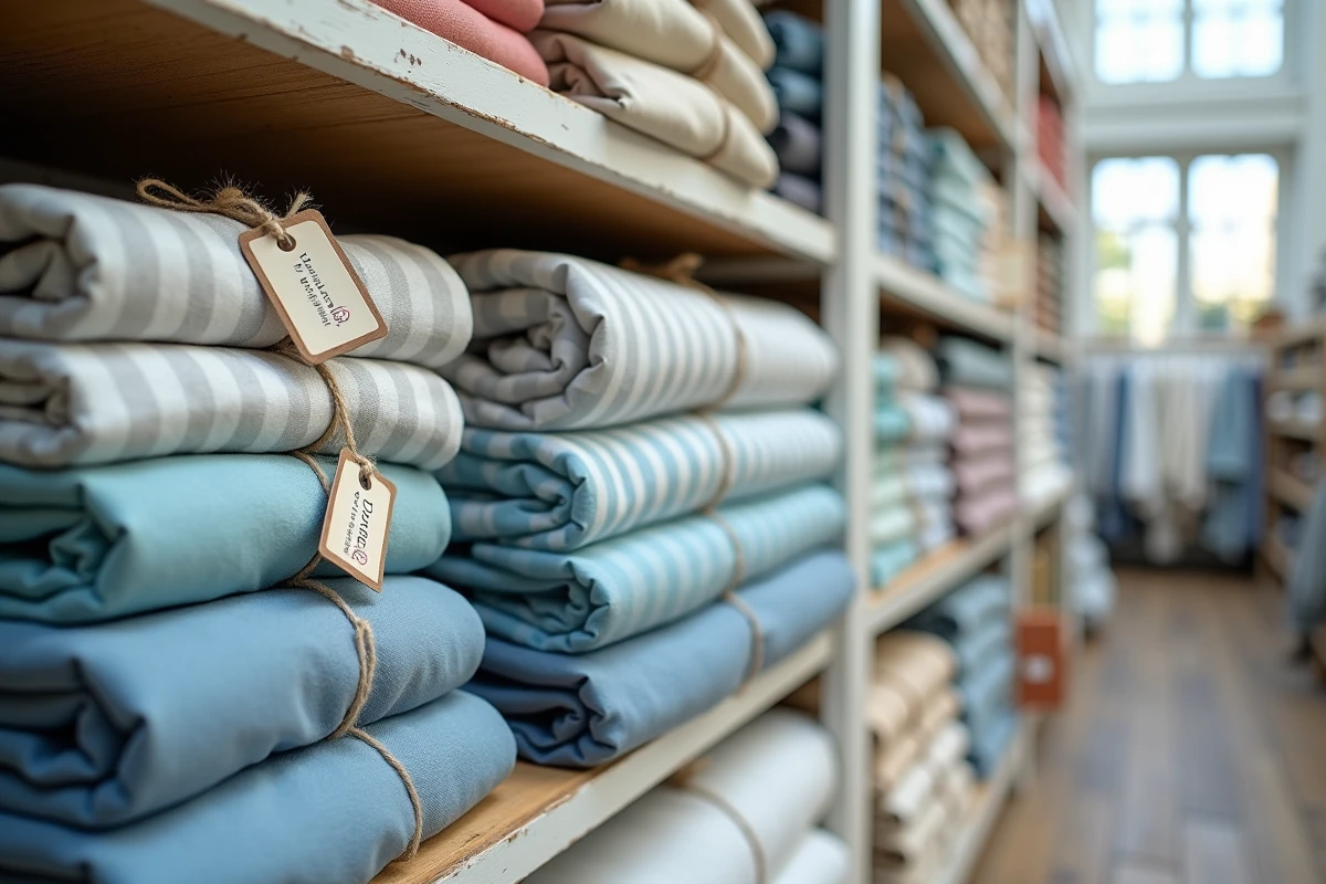 Rouleaux de tissus coton enduits rangés sur une étagère en bois dans une boutique de tissus avec étiquettes d'entretien