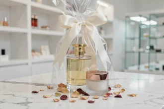 Sac cadeau transparent contenant un flacon de parfum et un pot de crème cosmétique sur un comptoir en marbre blanc dans une boutique beauté