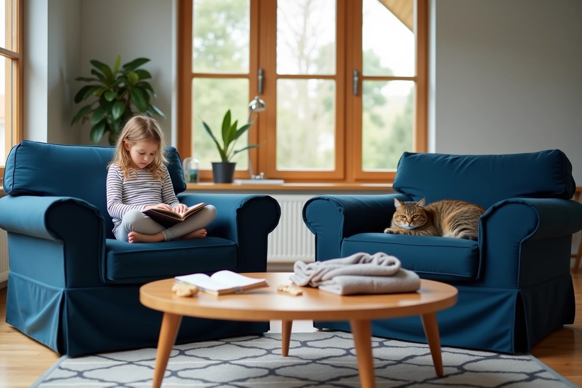 Salon familial avec deux fauteuils recouverts de housses extensibles bleu marine, enfant lisant et chat endormi sur les sièges protégés