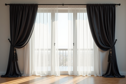 Salon moderne avec grande fenetre et rideaux contrastes